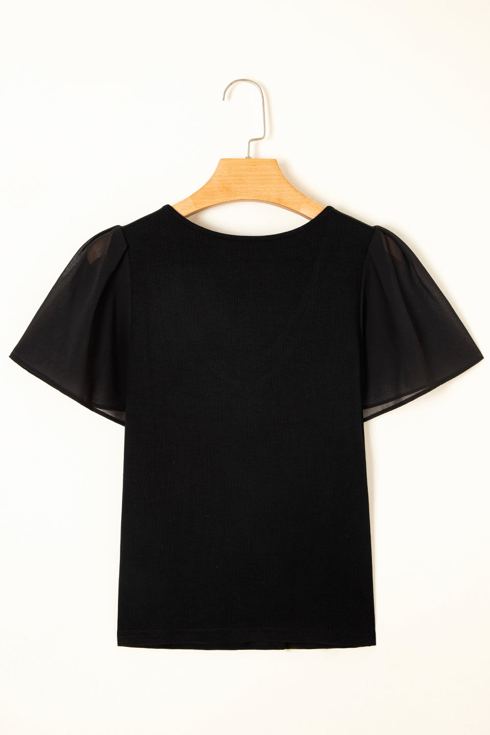 Black Mesh Ruffled Sleeve Slim Fit V Neck Top