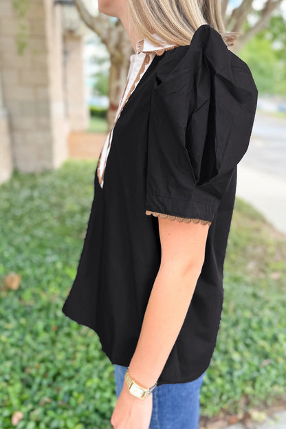 Black Ricrac Trim Color Block Patchwork Shirt Collar Short Sleeve Blouse