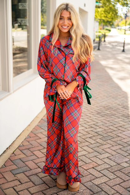 Fiery Red Christmas Plaid Satin Pajama Set with Contrast Velvet Ties