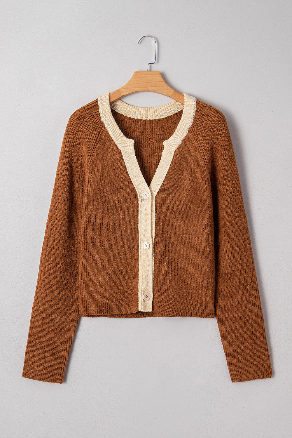 Chestnut Contrast Knit V Neckline Short Cardigan