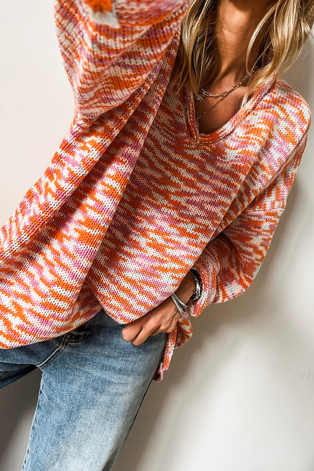 Orange Vibrant Abstract Print Drop Shoulder V Neck Tunic Oversized Sweater