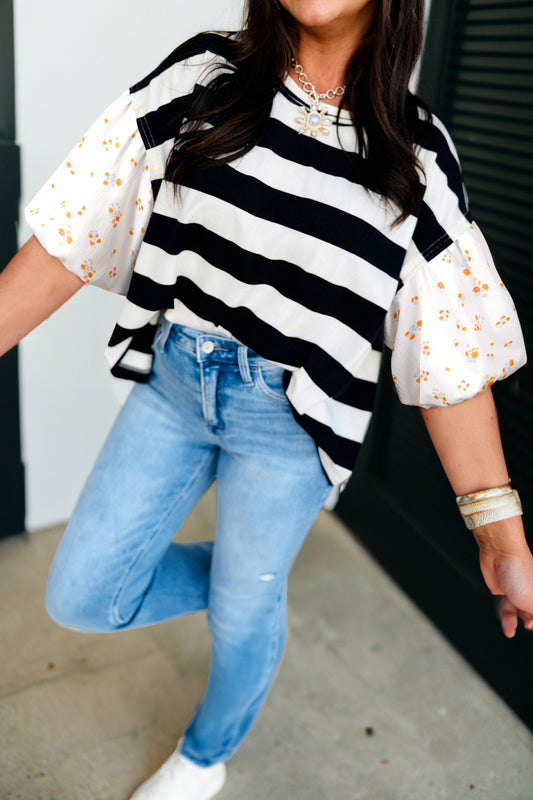Black Stripe Floral Print Puff Sleeve Patchwork Blouse