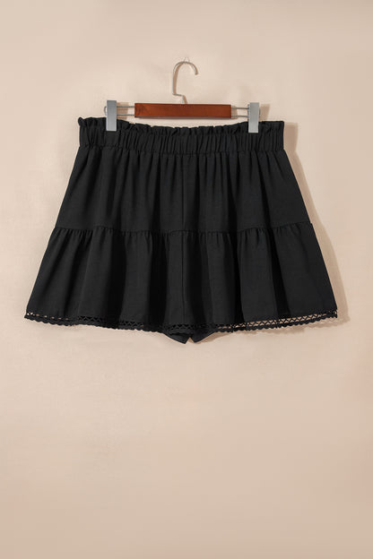 Black Plus Size Frilled Elastic Waist Lace Trim Boho Ruffled Shorts