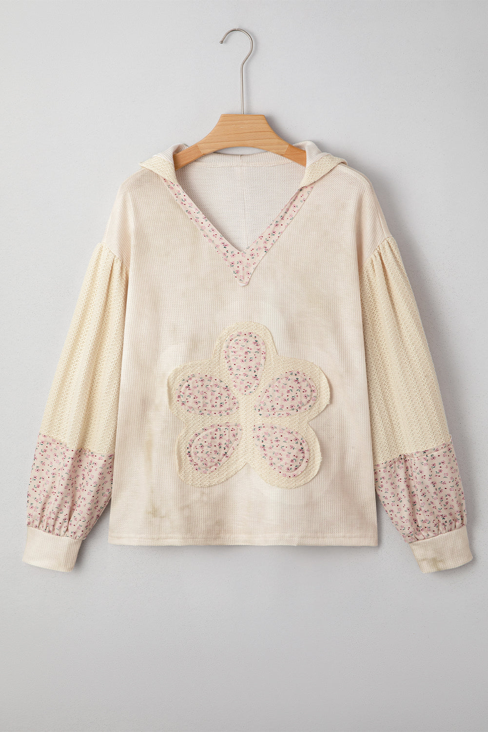 Beige Floral Patched Waffle Textured Colorblock V Neck Casual Hooded Top