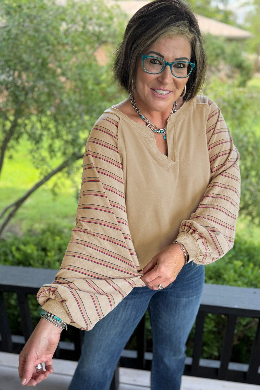 Parchment Striped Raglan Sleeve Notched Neck Raw Edge Plus Size Jumper