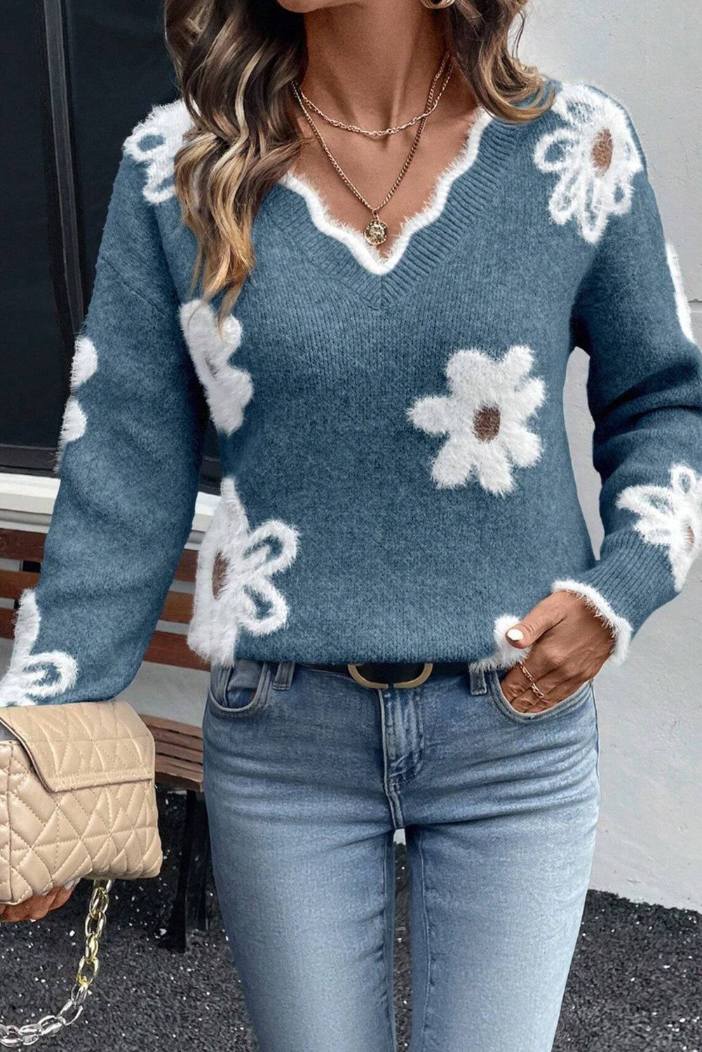 Dusk Blue Plush Flower Pattern Scalloped Trim V Neck Sweater
