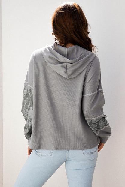 White Waffle Printed Patchwork Drawstring Hooded Long Sleeve Top