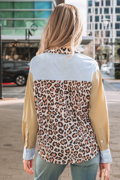 Sky Blue Stripe Colorblock Leopard Patchwork Chest Pocket Cuffed Sleeve Shirt