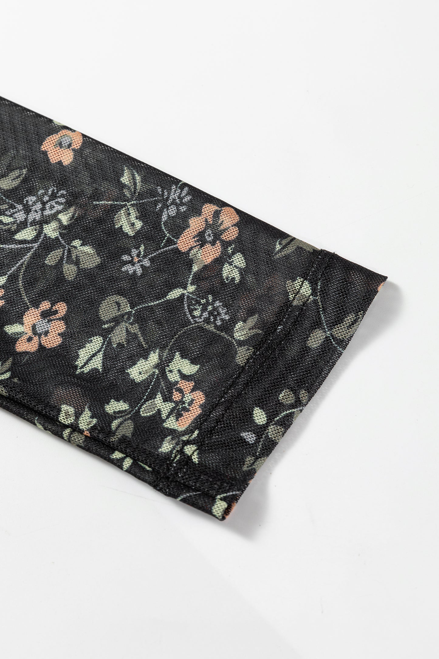 Black Floral Print Mesh Tank Button Front Slim Cardigan 2pcs Set