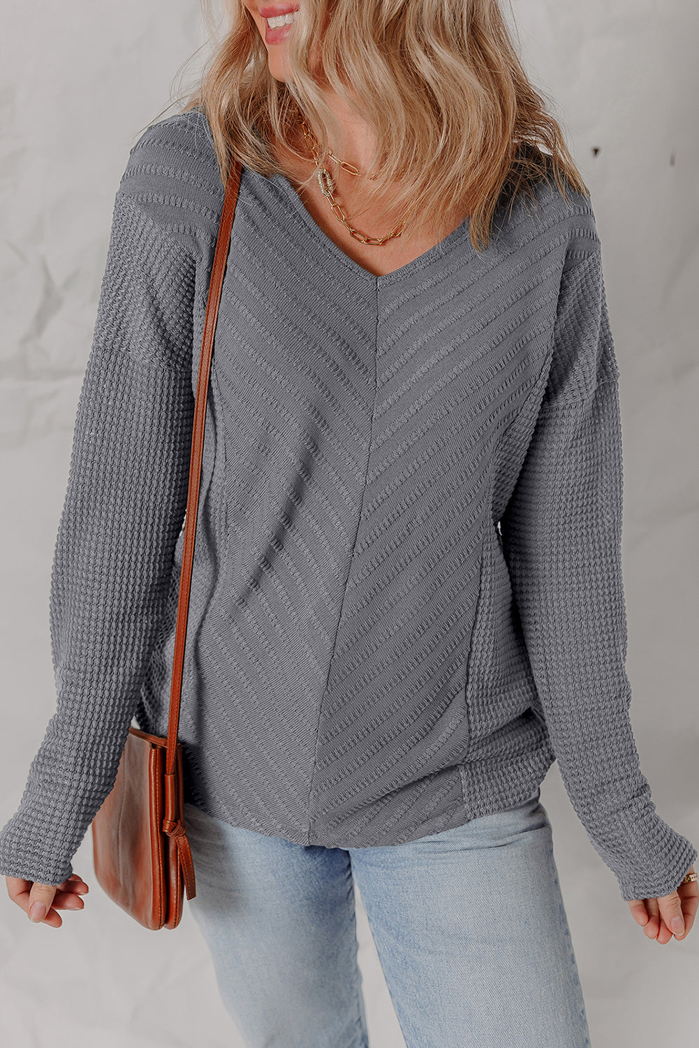 Sleet V Neck Chevron Texture Patchwork Long Sleeve Knit Top