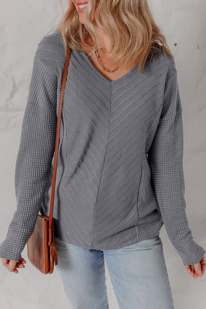 Sleet V Neck Chevron Texture Patchwork Long Sleeve Knit Top