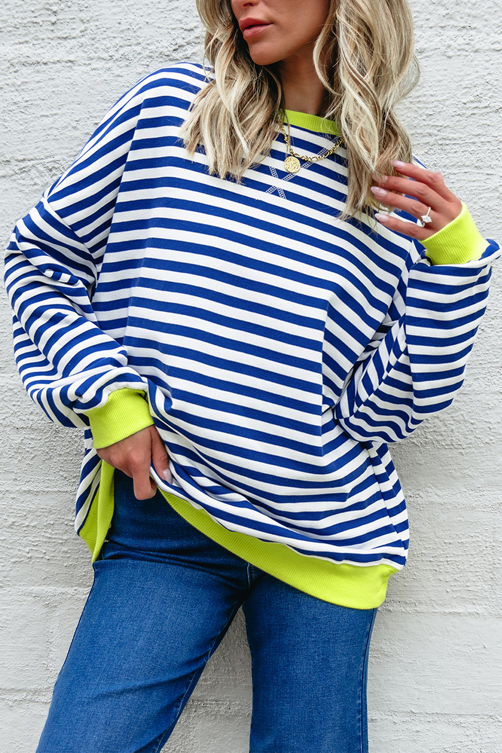 Sky Blue Stripe Striped Contrast Ribbed Trim Crossed Stitch Drop Shoulder Sweatshirt