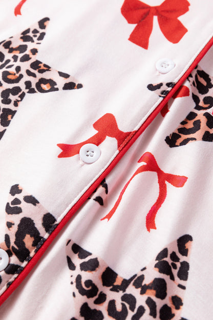 White Leopard Star Ribbon Bow Print Contrast Trim Short Pajama Set