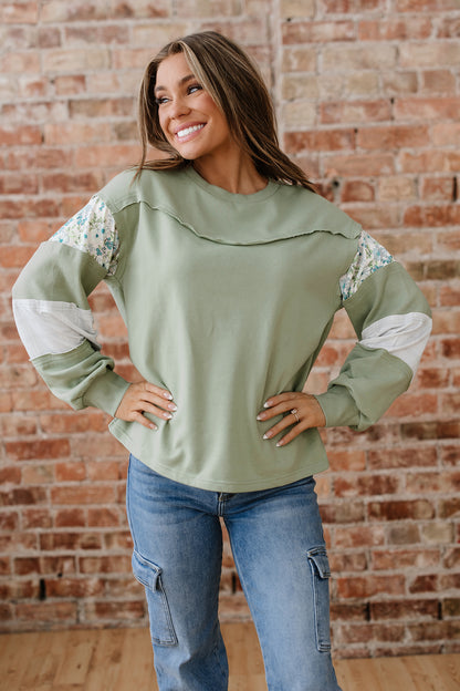 Laurel Green Floral Plaid Mixed Sleeve Raw Edge Relaxed French Terry Top