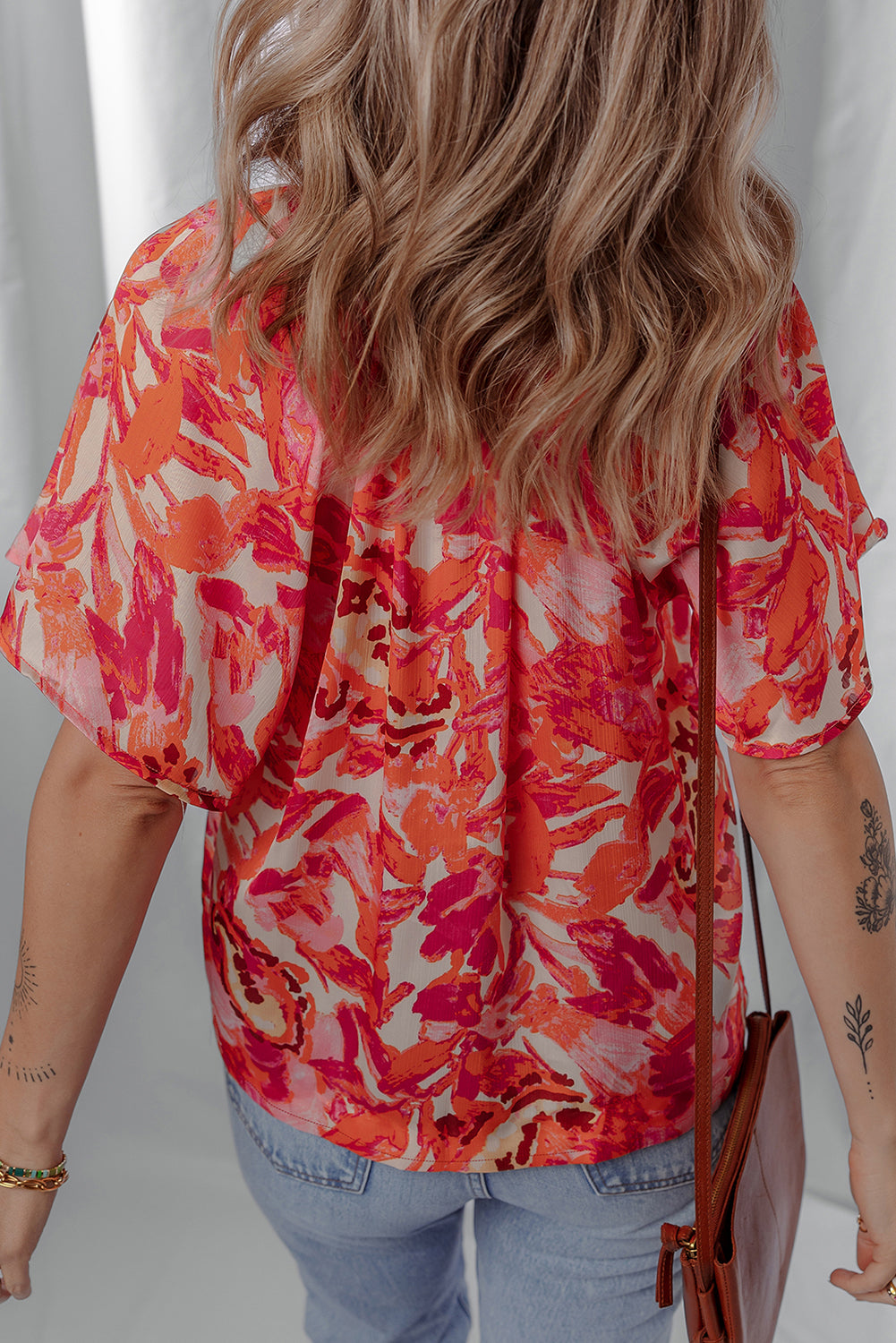 Rose Abstract Print Striped Trim Split Neck Blouse