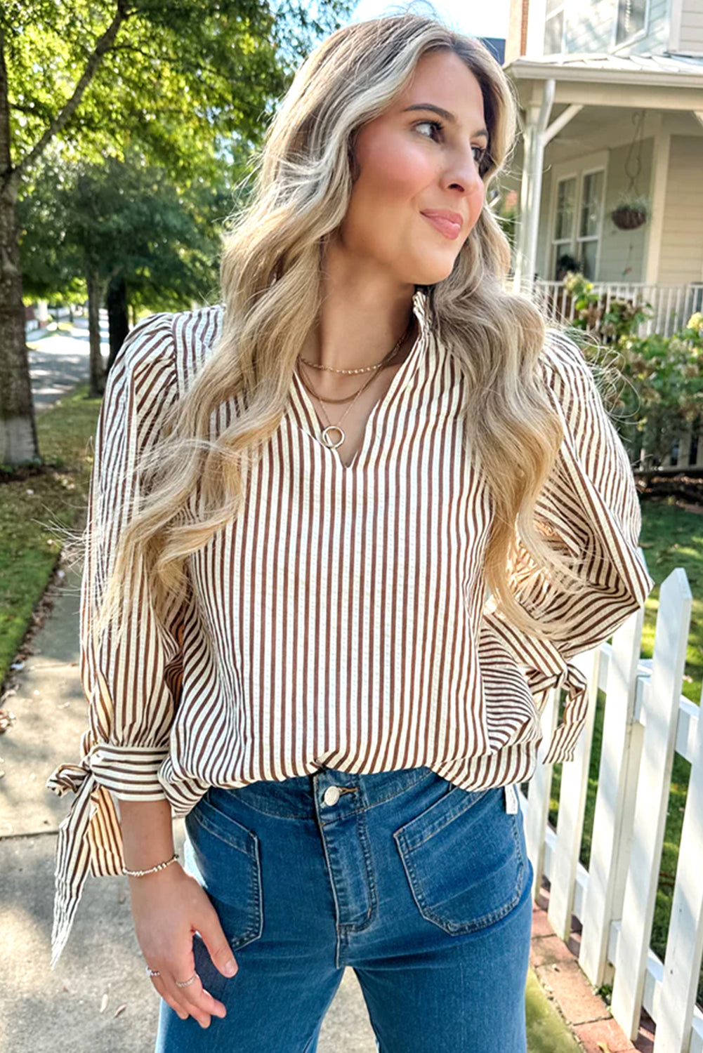 Straw Yellow Striped Print Tied Cuffs Split Neck Seersucker Blouse