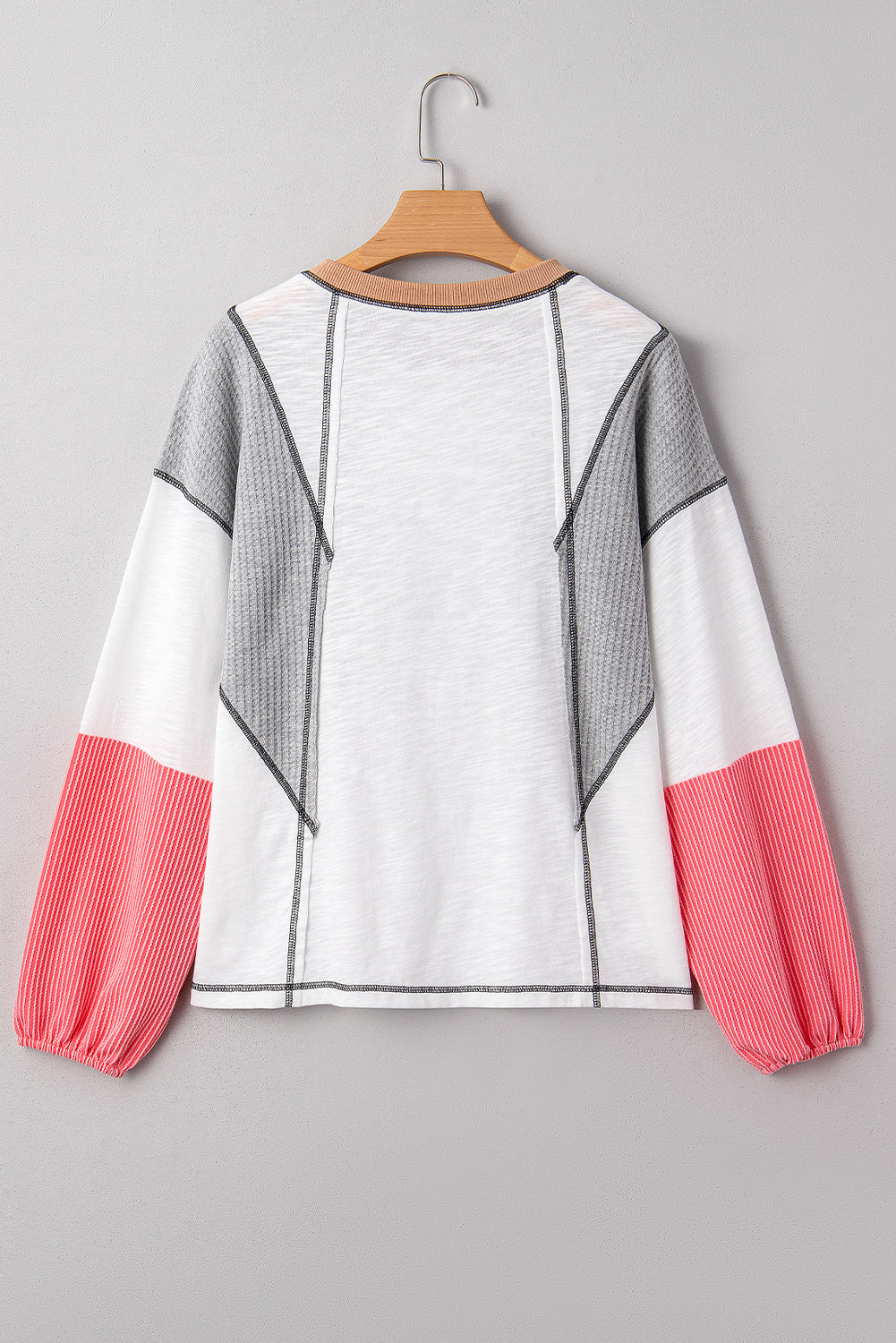 White Contrast Block Mixed Textured Knit Patchwork Casual Top