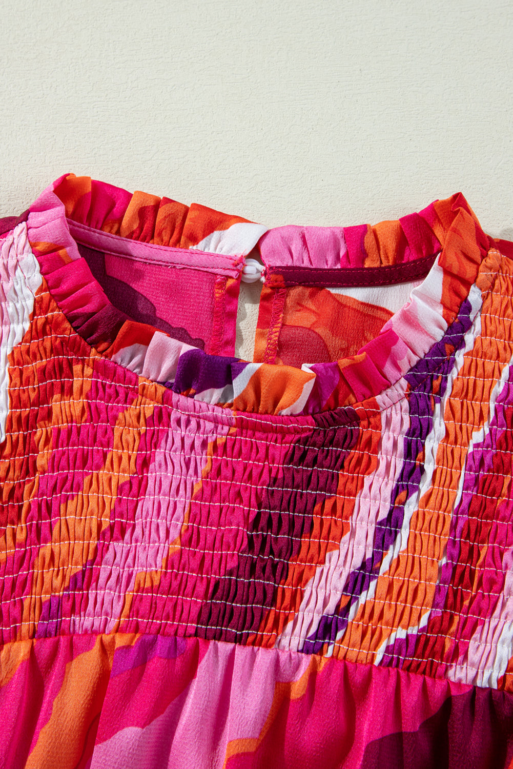 Rose Abstract Print Shirred Yoke Ruffled Blouse