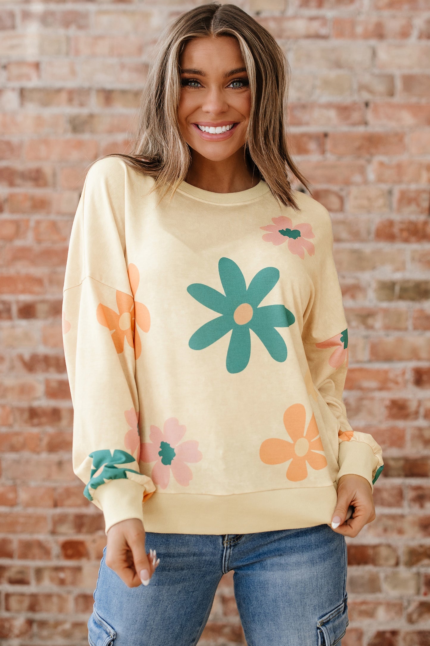 Khaki Mineral Washed French Terry Flower Print Sweatshirt
