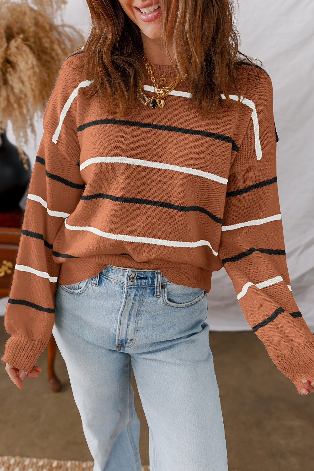 Brown Stripe Striped Ribbed Edge Drop Shoulder Sweater