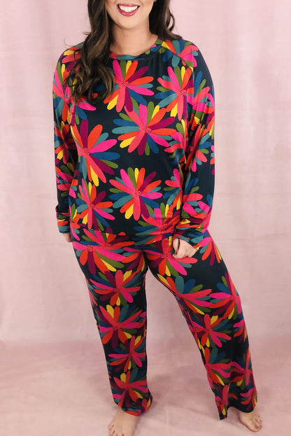 Green Plus Size Printed Long Sleeve and Pants Lounge Set