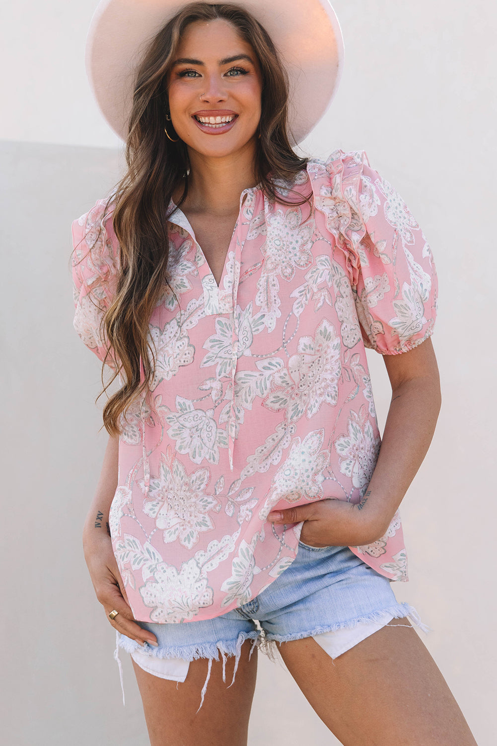 Pink Floral Print Drawstring V Neck Puff Sleeve Loose Blouse