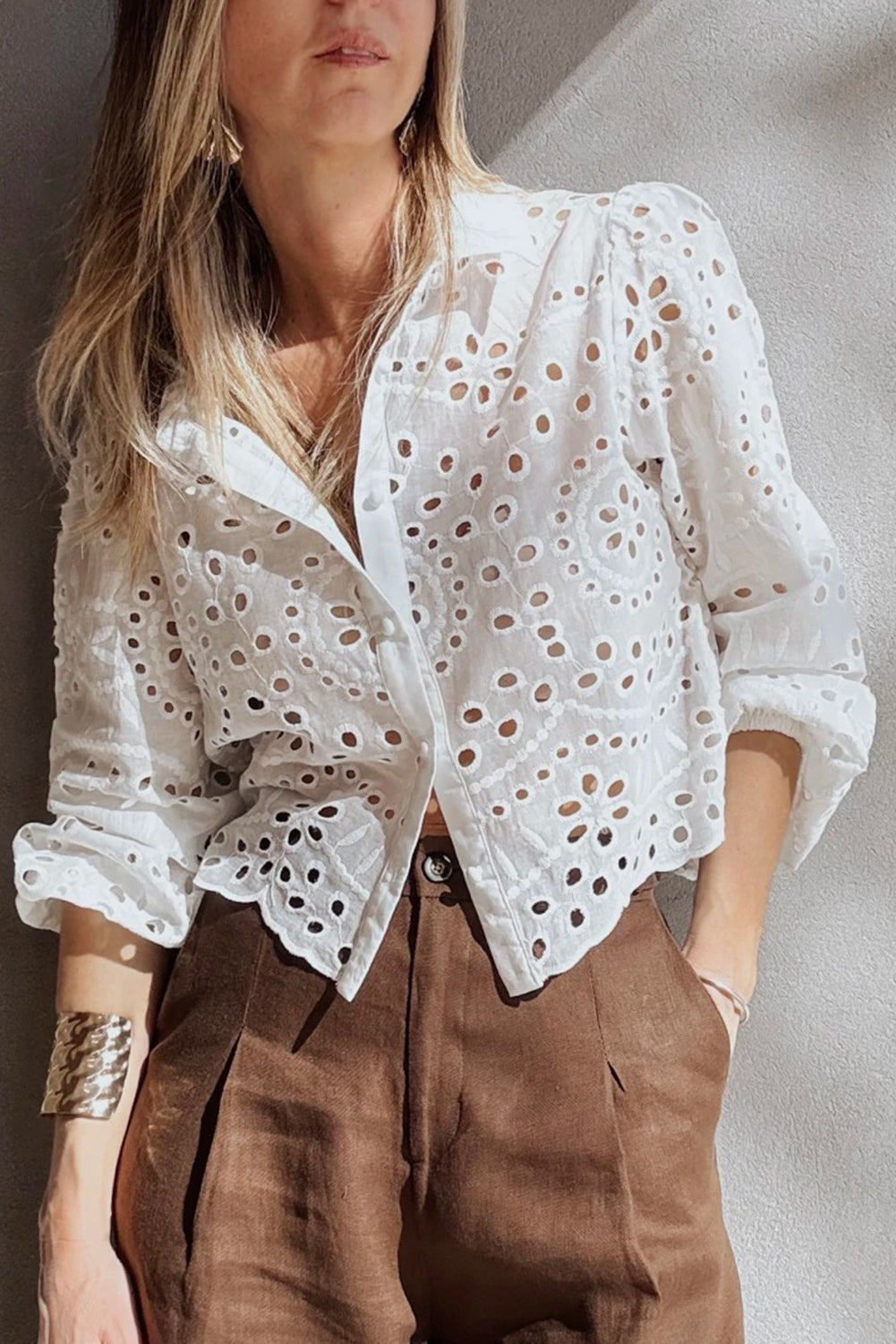White Eyelet Embroidered Puff Sleeve Crop Shirt