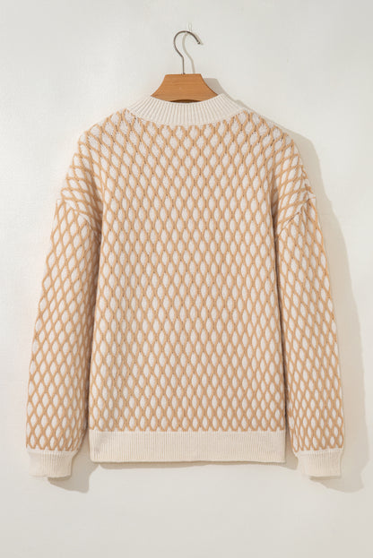 Smoke Gray Rhombus Textured Knit Mock Neck Sweater
