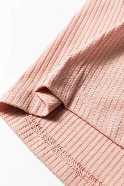 Dusty Pink Solid Color Ribbed Ruffled Short Sleeve T Shirt