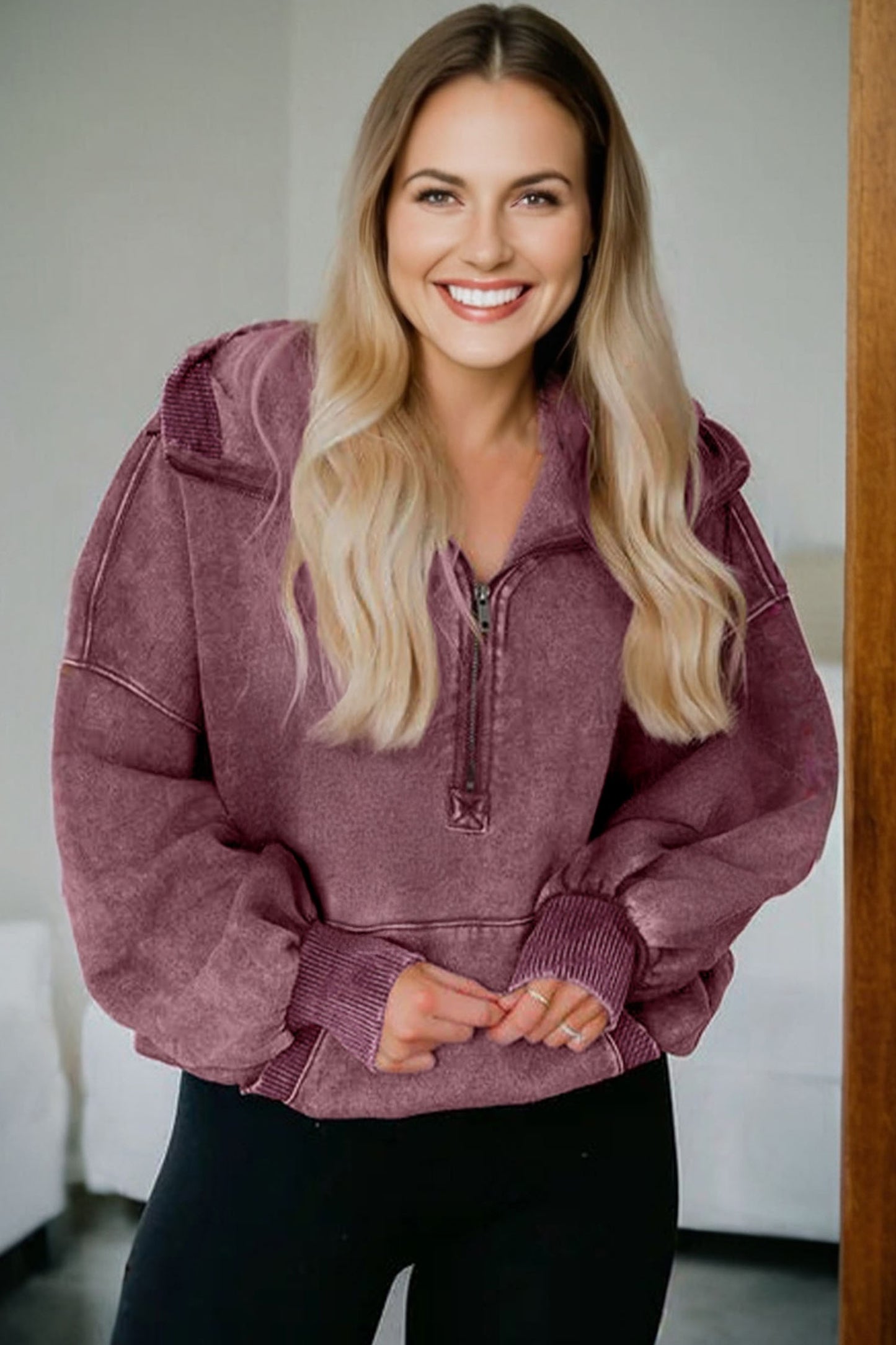 Ashleigh Blue Half Zip Kangaroo Pocket Mineral Wash Baggy Hoodie