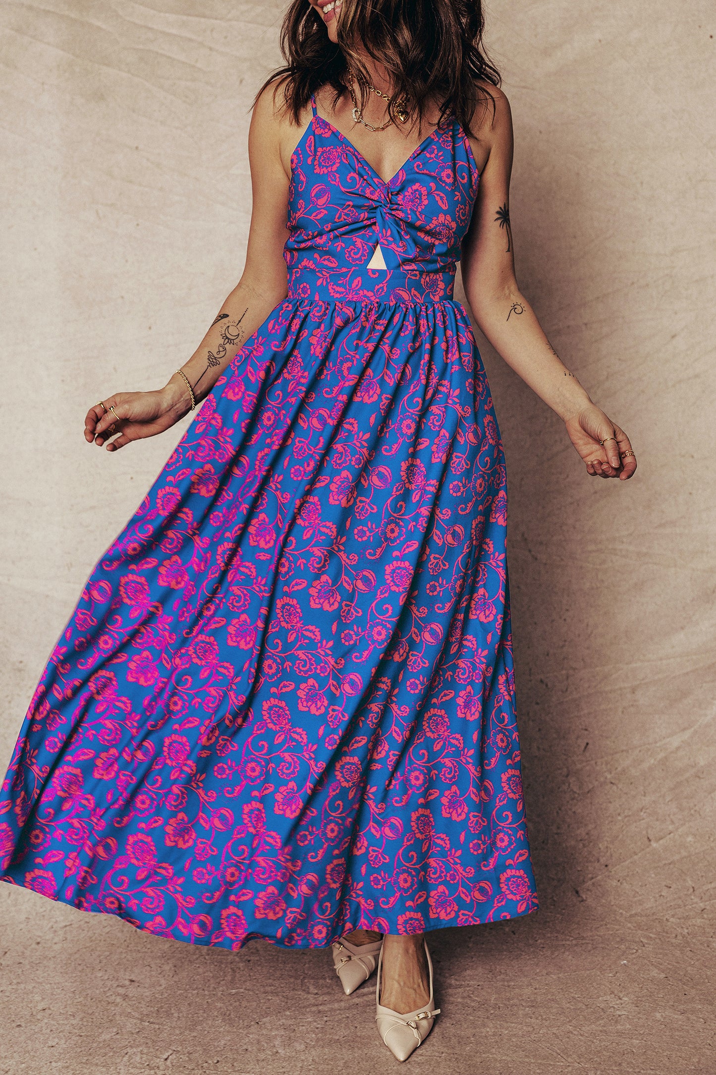 Blue Floral Print Twisted V Neck Tied Backless Maxi Dress