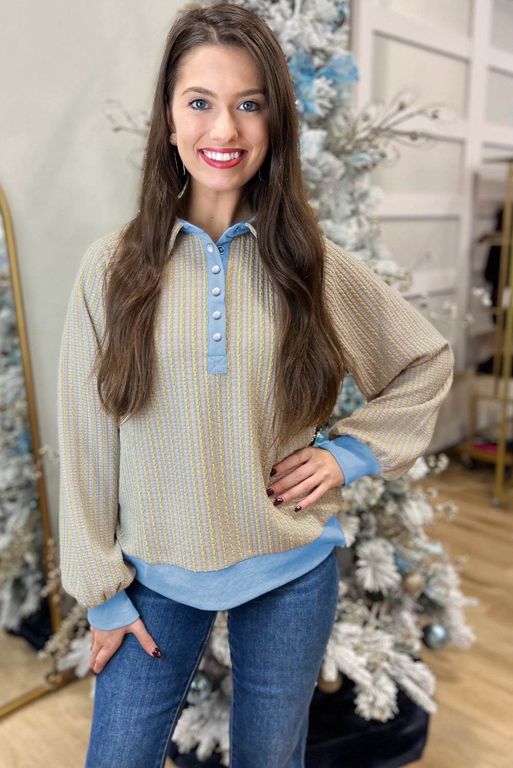 Beau Blue Button Front Jacquard Henley Sweatshirt