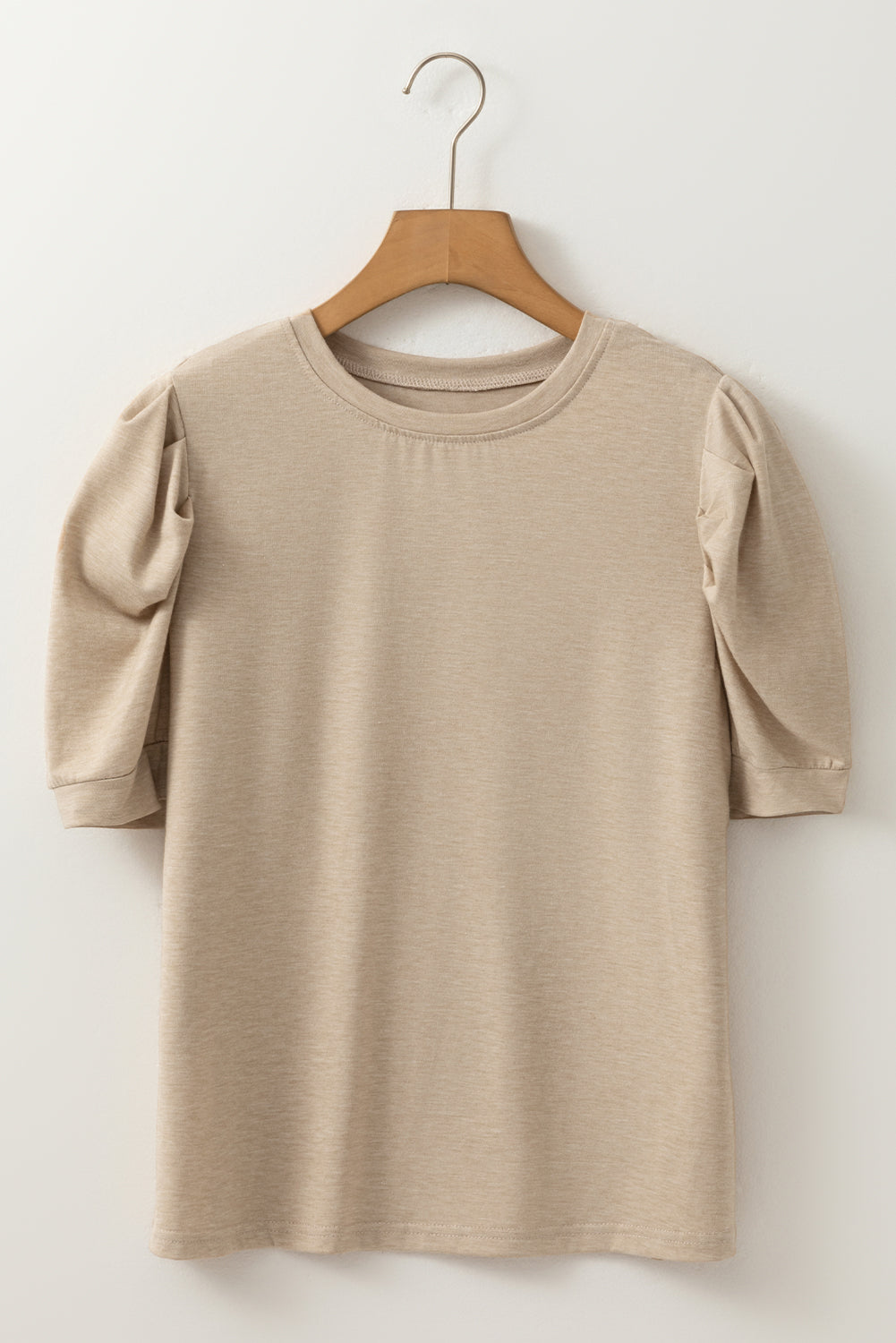 Parchment Solid Color Ruched Puff Sleeve T Shirt