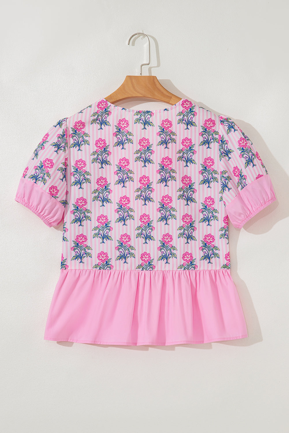 Rose Floral Striped Print Contrast Patchwork Ruffle Hem Blouse