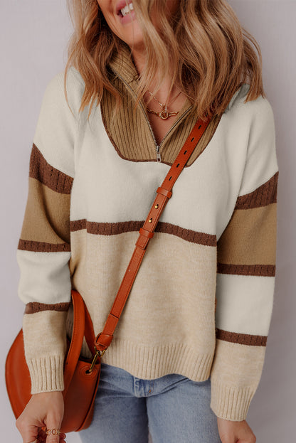 Parchment Colorblock Zipped Collared Pullover Sweater