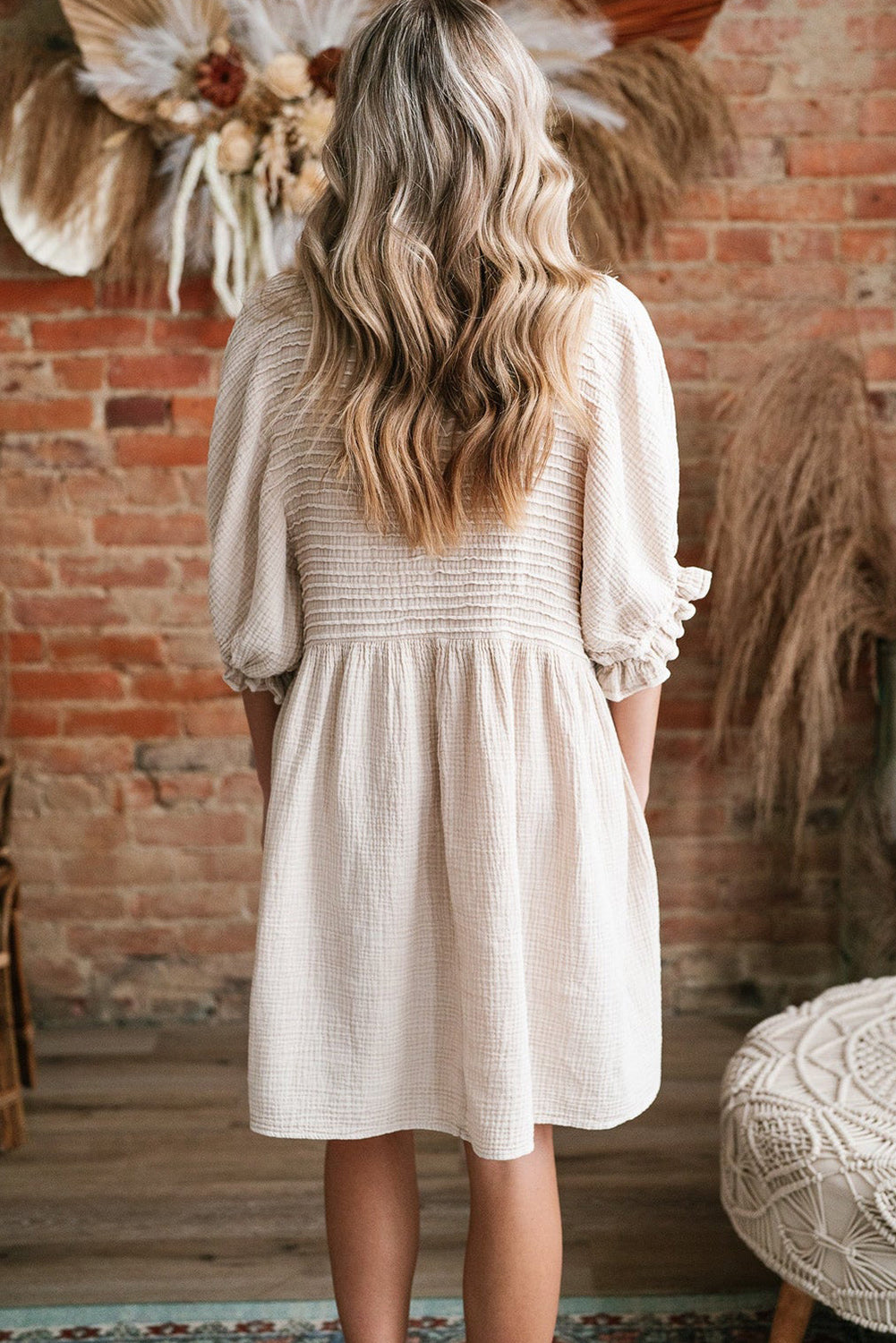 White Textured Ruffled Puff Sleeve Loose Dress