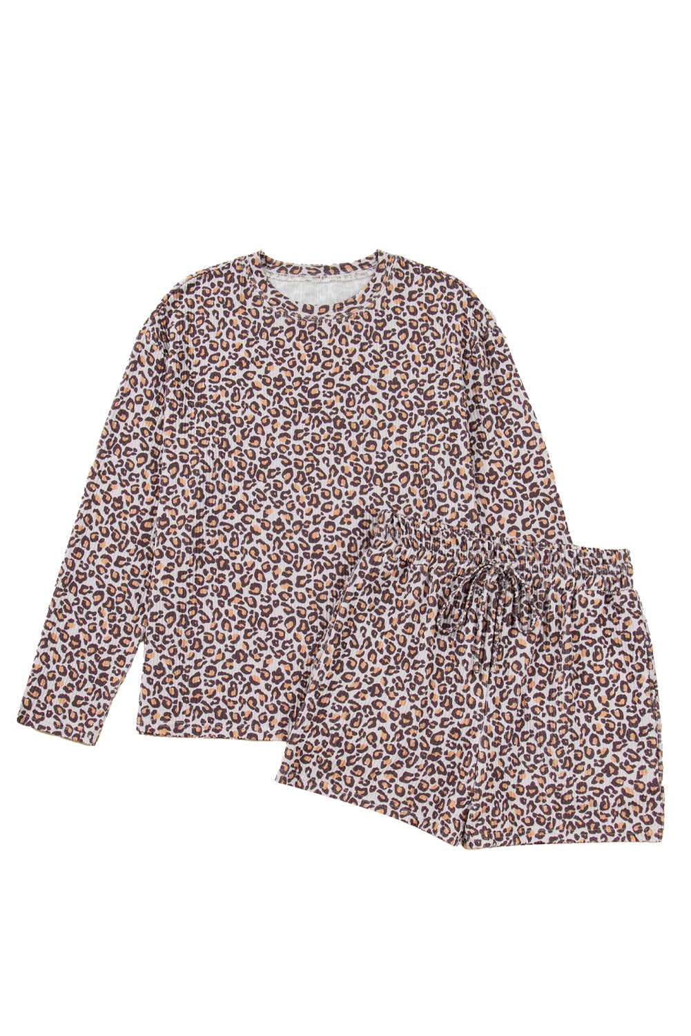 Khaki Leopard Ribbed Long Sleeve Top Drawstring Shorts 2pcs Outfit