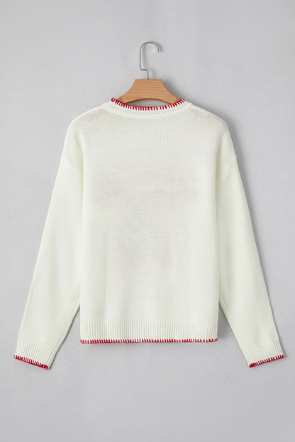 White Bow Pattern Contrast Trim Christmas Loose Graphic Sweater