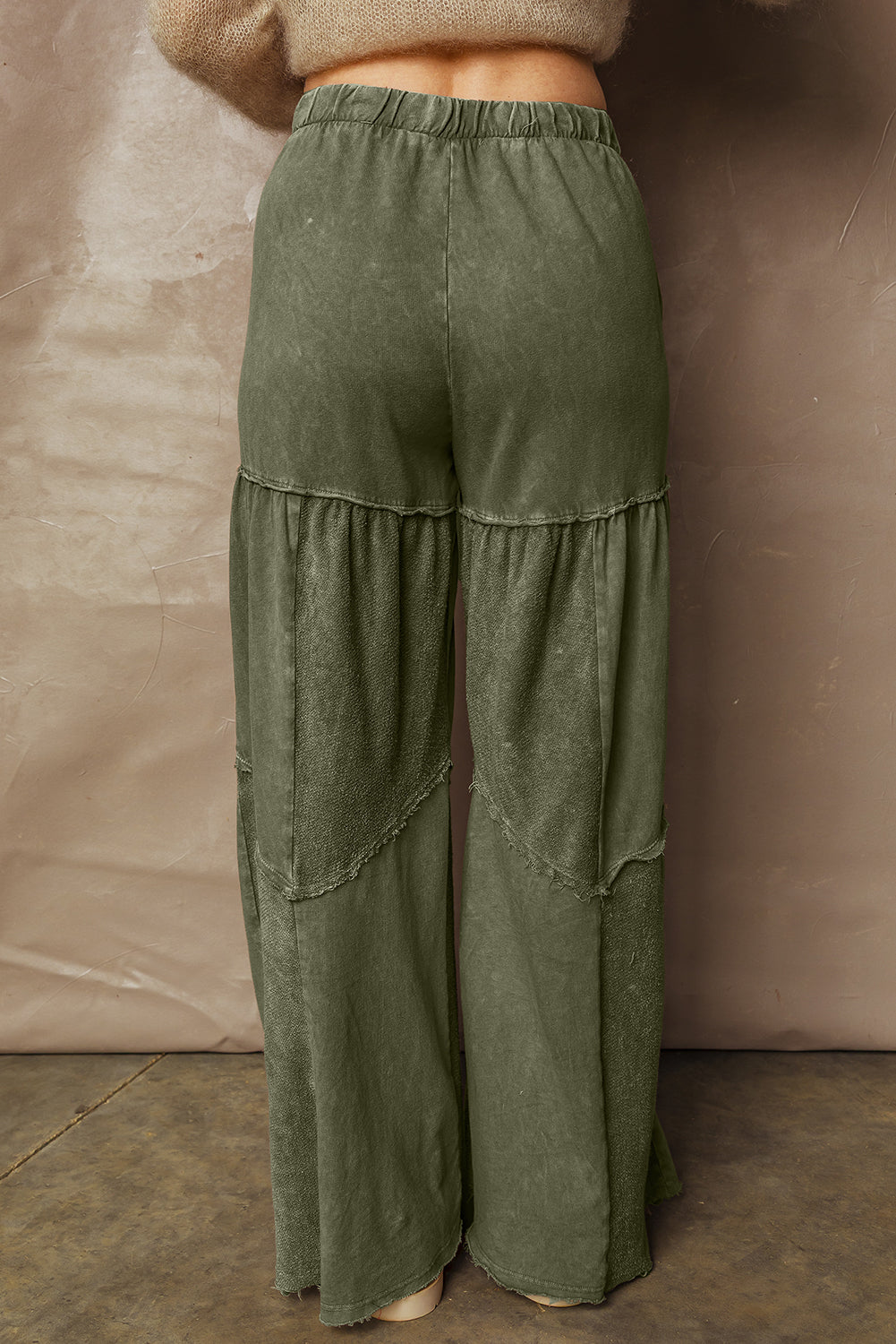 Vineyard Green Mineral Wash Tiered Wide Leg Patchwork Drawstring Pants