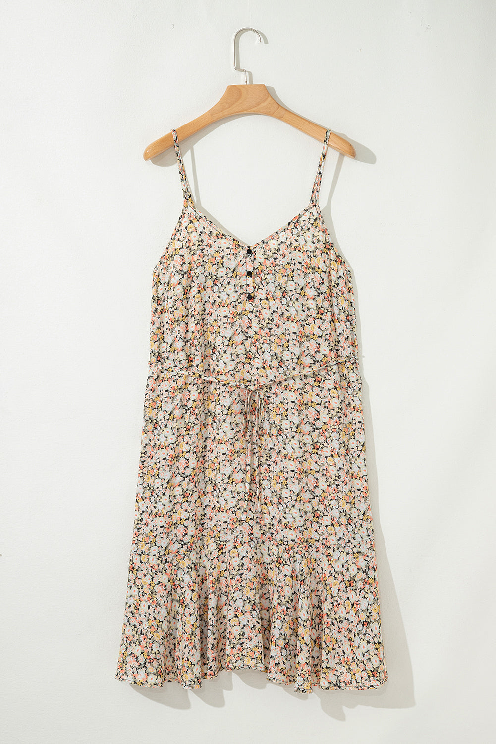Khaki Boho Floral Printed Tie Waist Flared Sundress