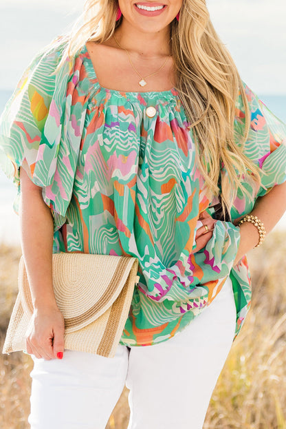 Green Tropical Boho Print Puff Sleeve Square Neck Loose Plus Blouse