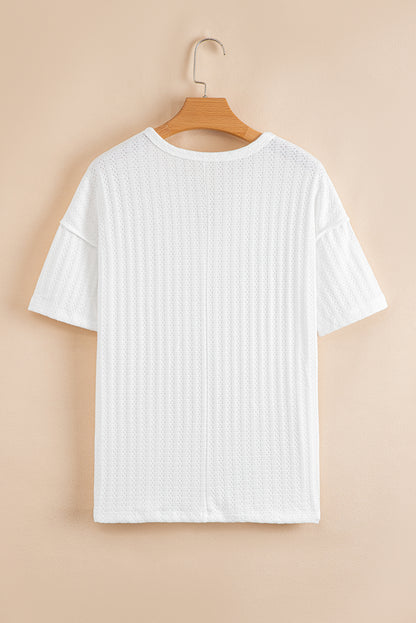 White Textured Hollow Grommet Placket Split Neck Short Sleeve Top