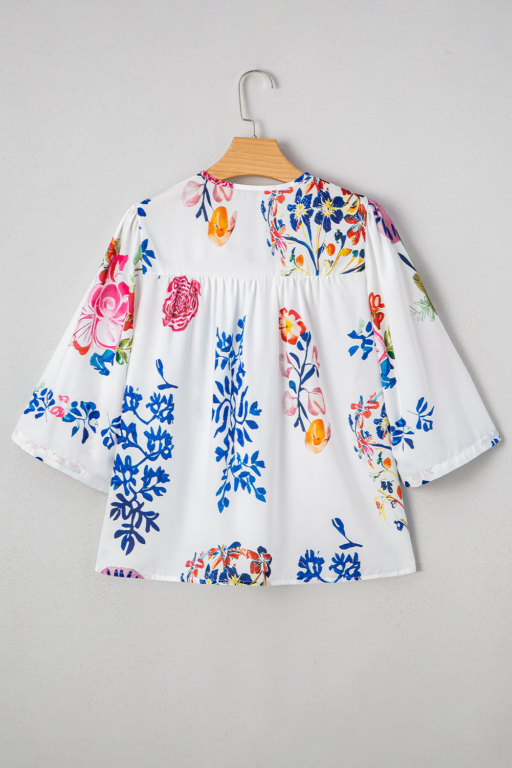 White Floral Print Tassel Tie Bracelet Sleeve Flowy Blouse