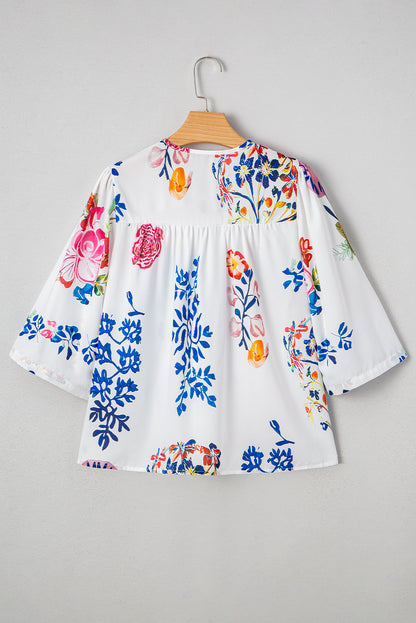White Floral Print Tassel Tie Bracelet Sleeve Flowy Blouse