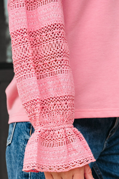 Sachet Pink Drop Shoulder Lace Ruffled Sleeve Patchwork Loose Sweatshirt