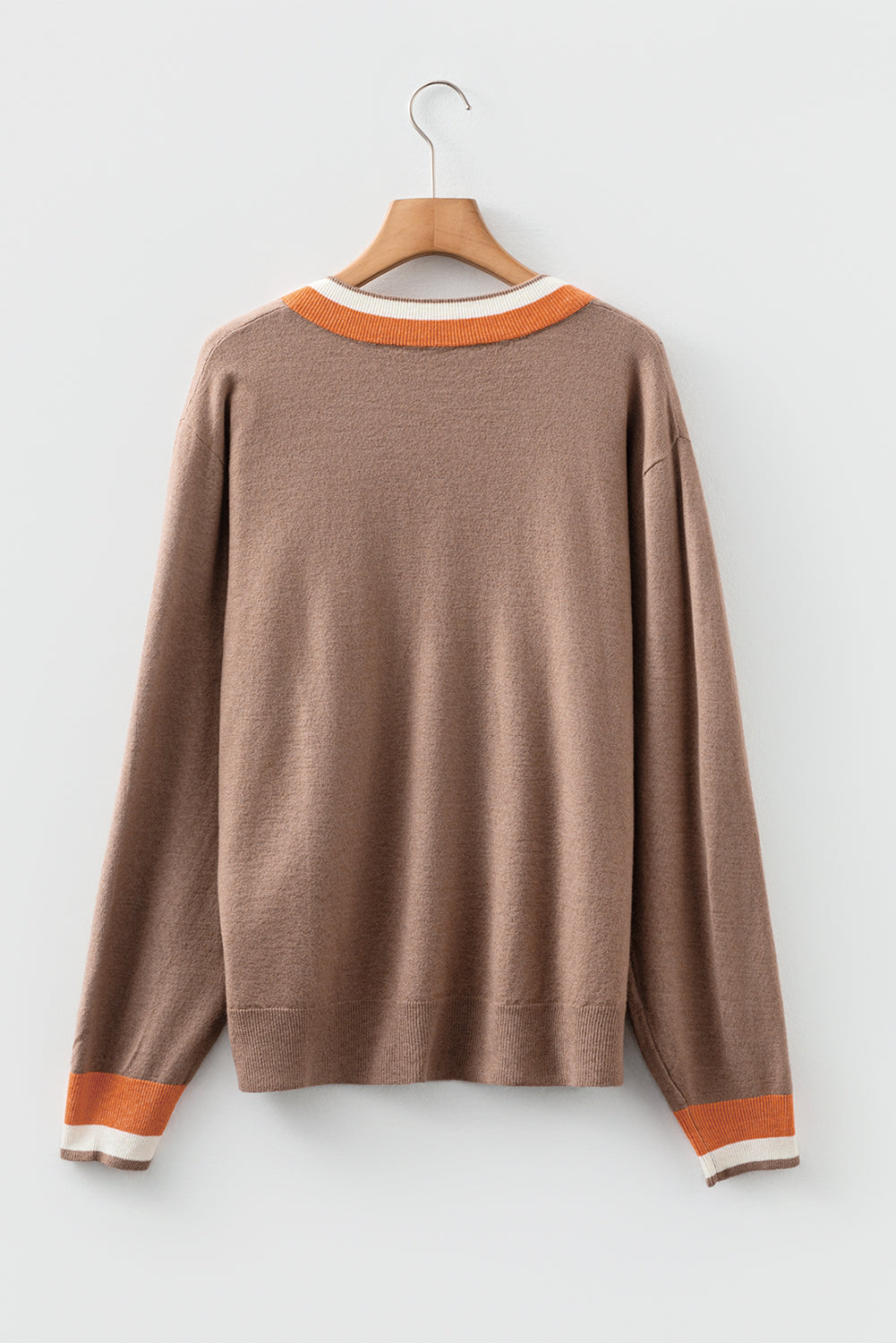 Dark Khaki Contrast Striped Trim V Neck Varsity Sweater