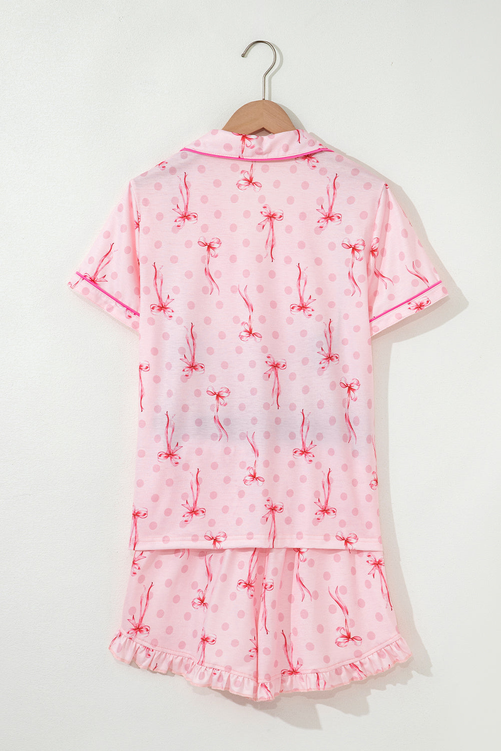 Pink Bow Print Contrast Pipping Short Pajamas Set