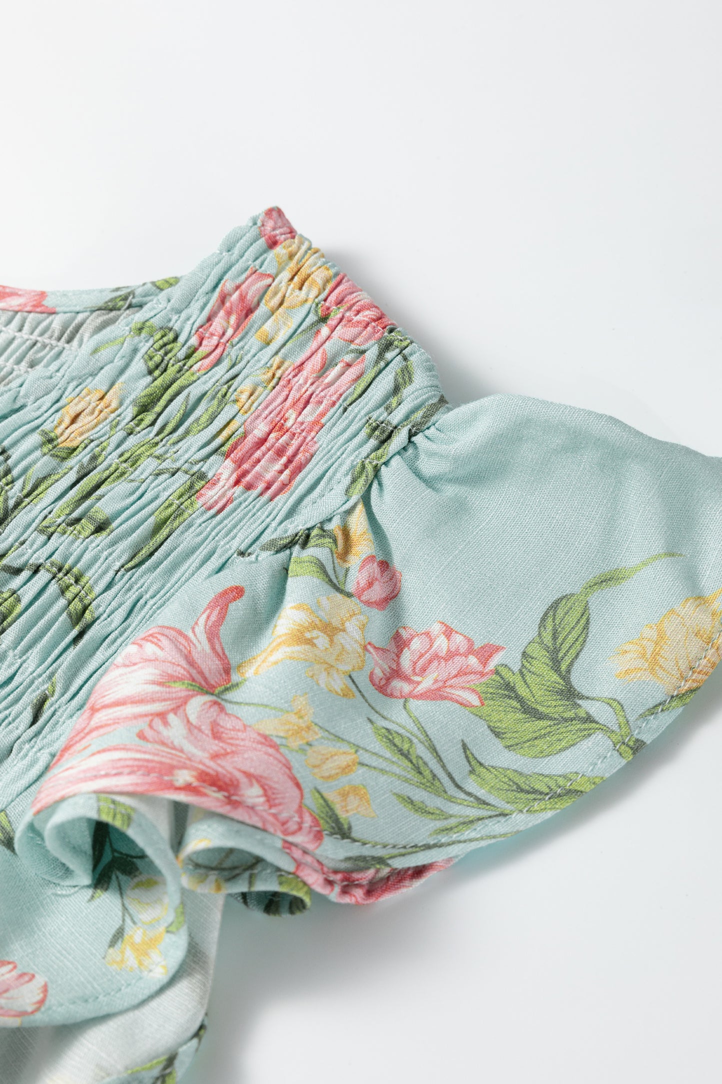 Yellow Smocked Bodice Ruffled Sleeveless Tiered Floral Maxi Dress