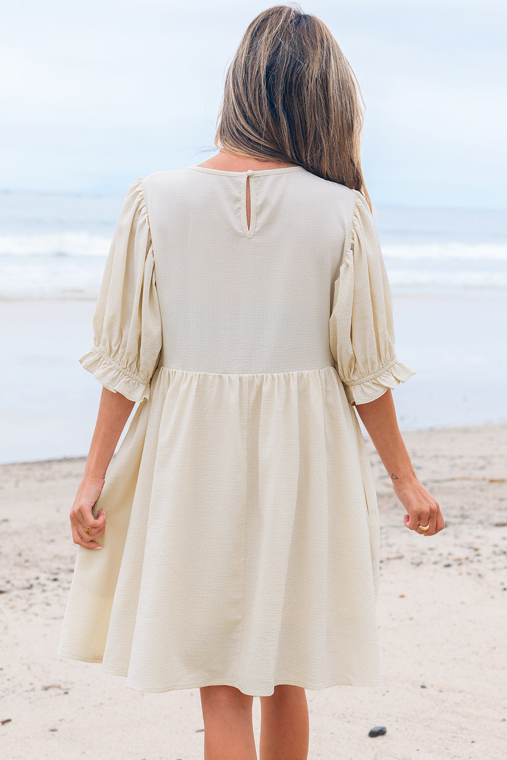 White Textured Ruffled Puff Sleeve Loose Dress