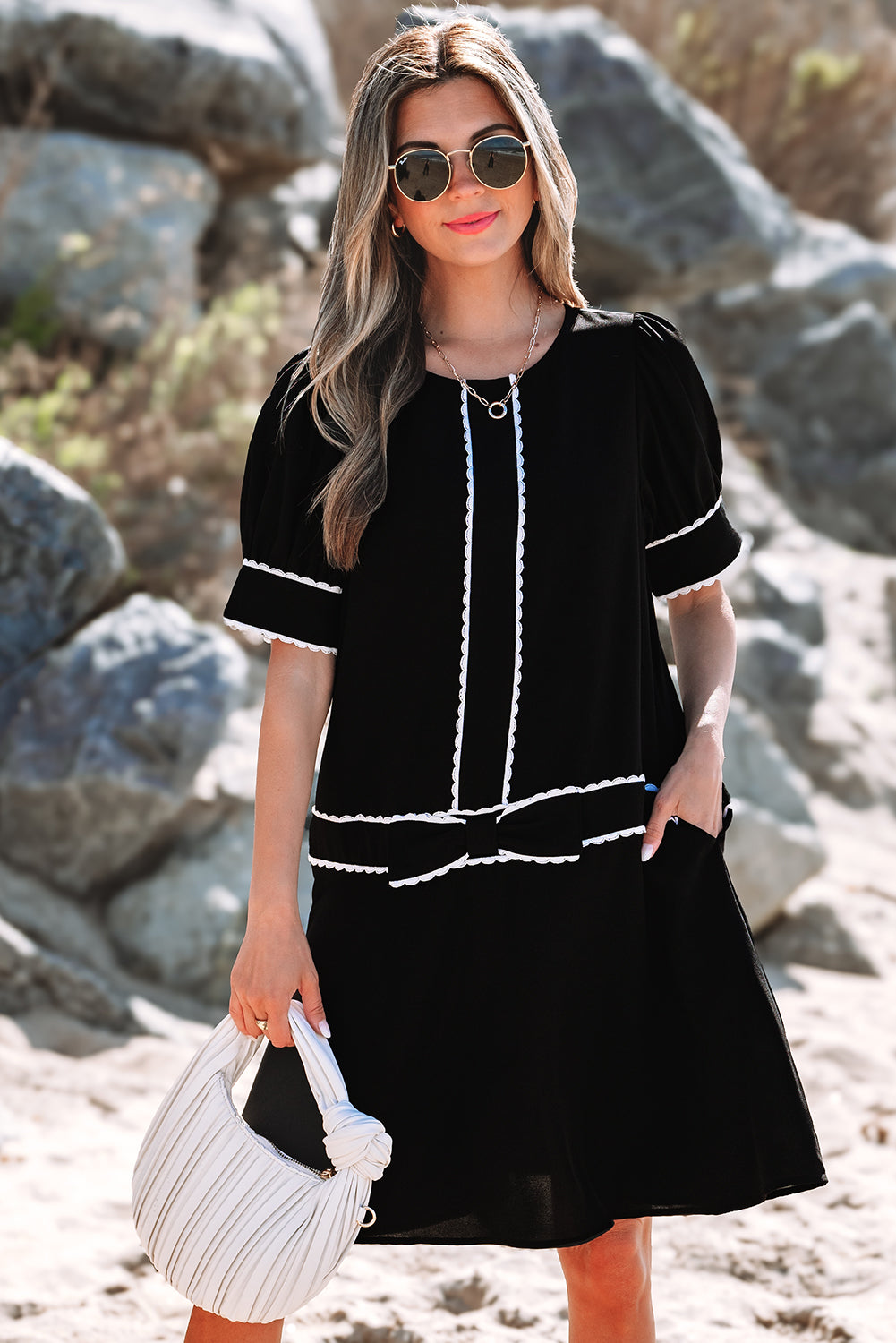 Black Contrast Scallop Trim Bow Detail Half Sleeve Shift Dress